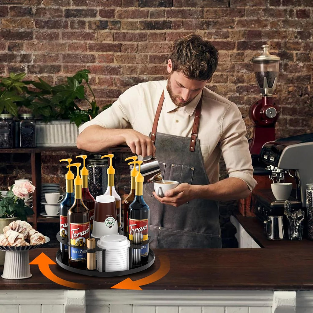 Coffee Syrup Organizer 8 Bottles, Rotating Coffee Syrup Holder with Stirrers Storage for Syrup Bottles, Cup and Lid, Wine Display, Syrup Rack Stand for Coffee Bar Organizer, Kitchen