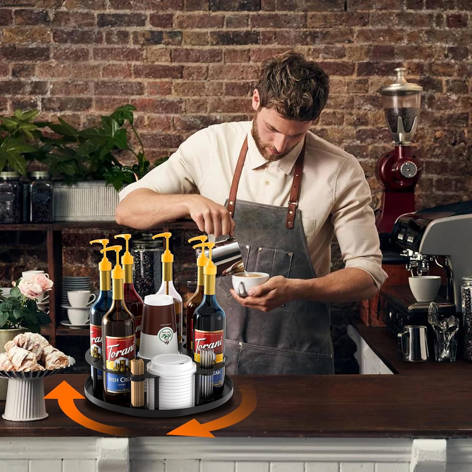 Coffee Syrup Organizer 8 Bottles, Rotating Coffee Syrup Holder with Stirrers Storage for Syrup Bottles, Cup and Lid, Wine Display, Syrup Rack Stand for Coffee Bar Organizer, Kitchen