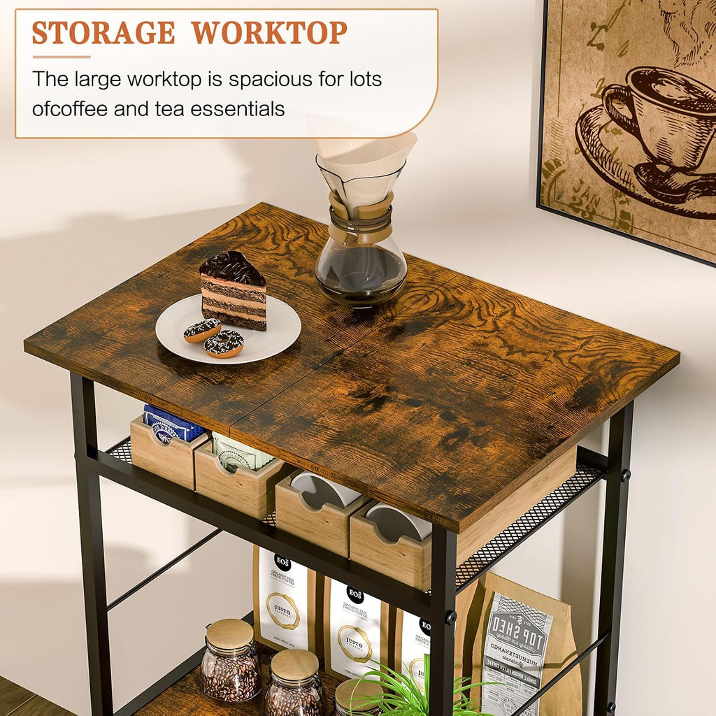 X-cosrack Coffee Bar Station, 3-Tier Small Coffee Stand Station with Storage, Farmhouse-Style Kitchen Microwave Stand Featuring 1-Door Cabinet for Living Room, Entryway, Kitchen
