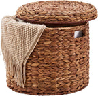 17" Round Storage Ottoman with Lid Handwoven Water Hyacinth Accent Side Table, Storage Container, Footstool for Living Room, Bedroom, Cloakroom, Home Office