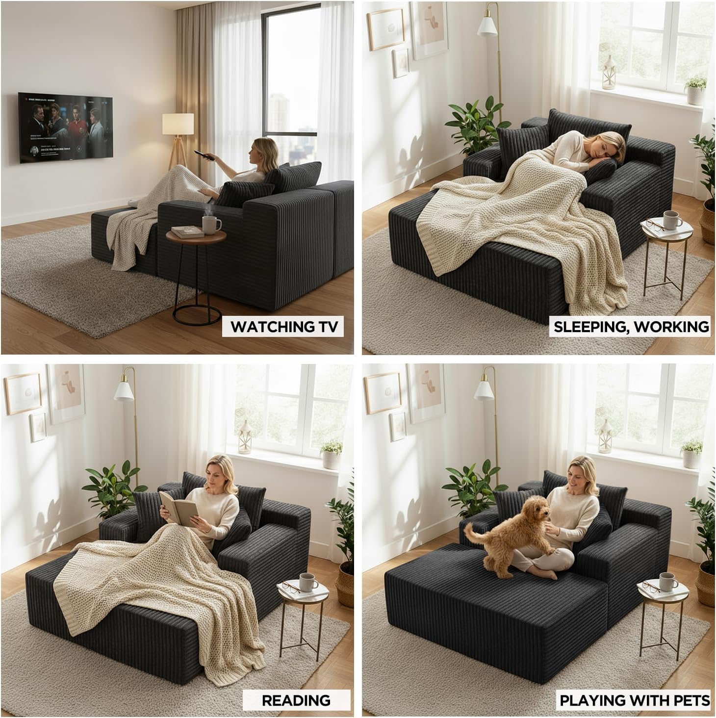 Sytopia Chaise Lounge with Armrests, Oversized Sofa Bed with 3 Pillows, Cozy Couch, Sleeper Reading Chair for Living Room Bedroom, Floor Sofa Corduroy, Furniture Sala, Volcanic Ash