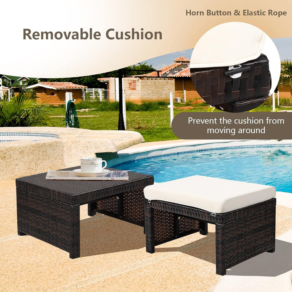 ORALNER Outdoor Ottoman, Set of 2 Wicker Footstools, All-Weather Rattan Foot Stools w/Removable Cushions, Patio Footrest Extra Seating for Porch, Poolside, Garden, Deck, Easy Assembly (Off White)