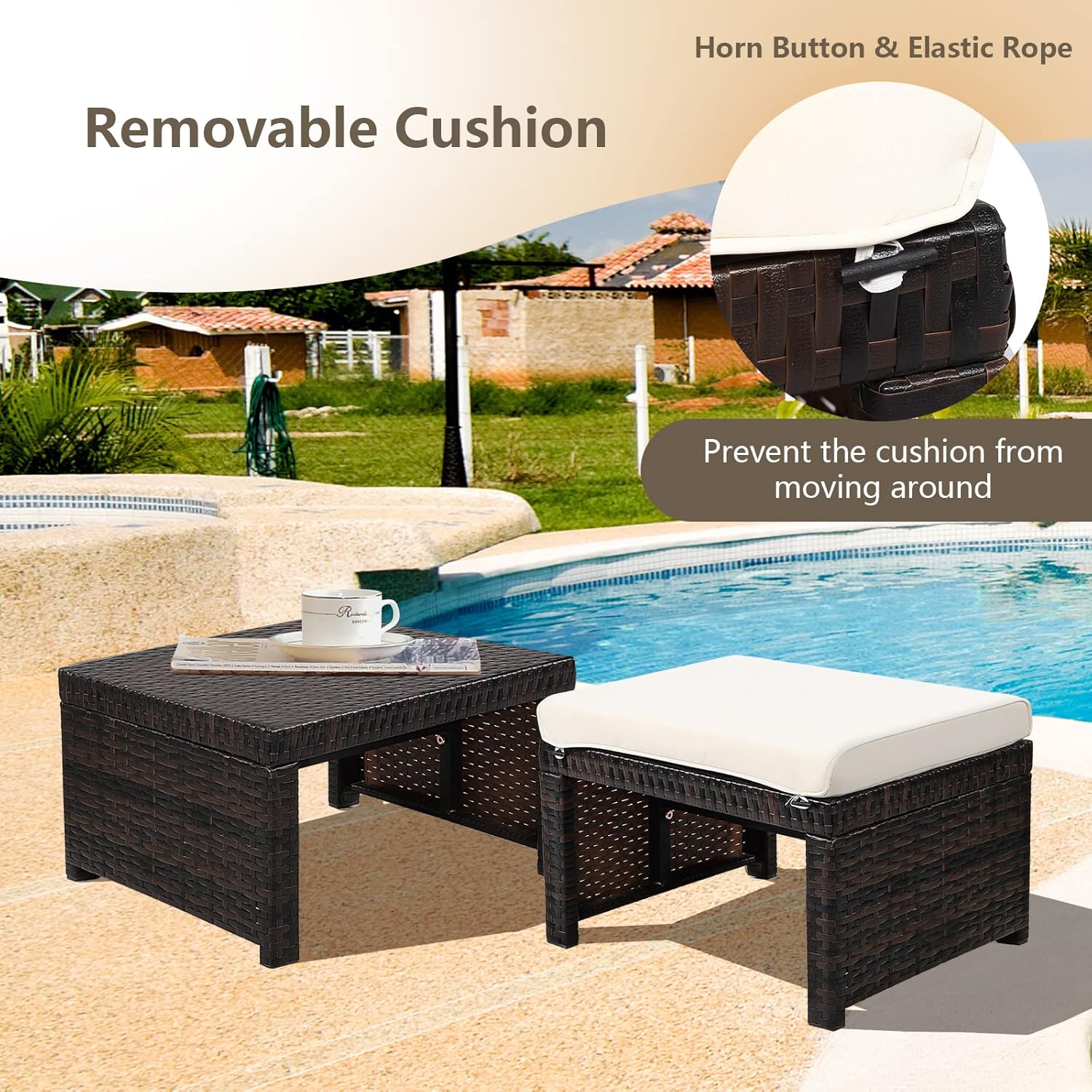 ORALNER Outdoor Ottoman, Set of 2 Wicker Footstools, All-Weather Rattan Foot Stools w/Removable Cushions, Patio Footrest Extra Seating for Porch, Poolside, Garden, Deck, Easy Assembly (Off White)