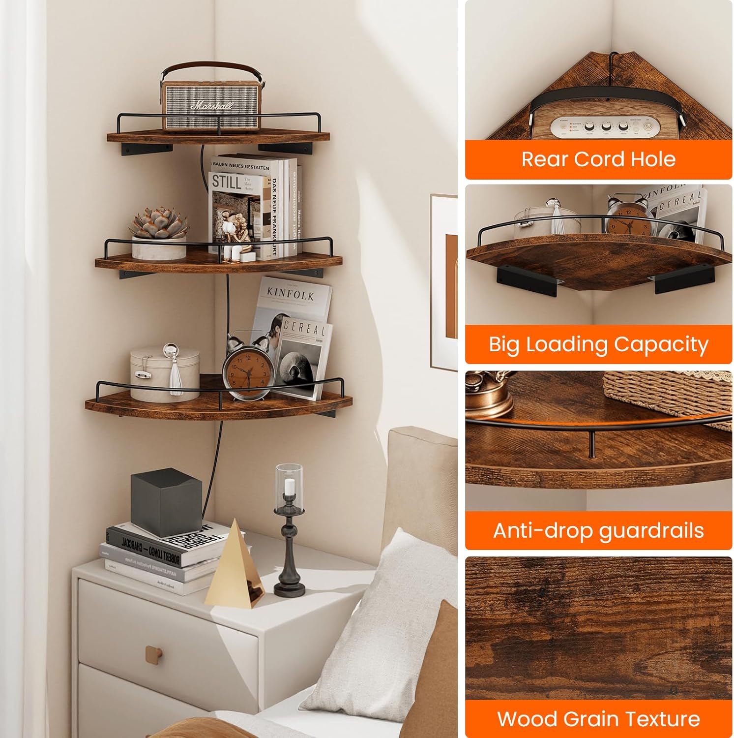 Homode Corner Shelf Wall Mounted Set of 3, Corner Floating Shelves 9/10/12 Inch Deep, Wood Round Corner Hanging Display Shelf with Guardrail for Bathroom Bedroom Kitchen Living Room, Rustic Brown