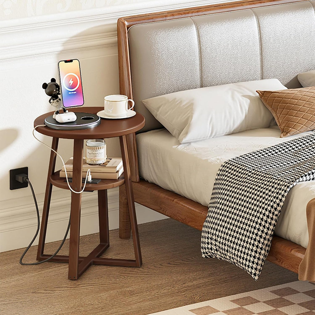 HOOBRO Round Side Table with Charging Station, Round Accent End Table with Bamboo Legs for Living Room, Bedroom, Brown, BR101UBZ01