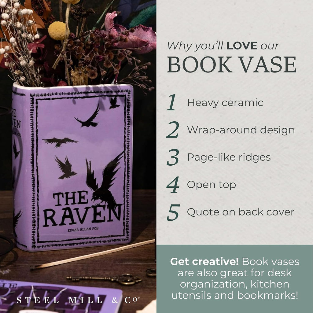 Steel Mill & Co Original Large Book-Shaped Decorative Vase, Ceramic Vases for Home Decor, Cute Bookshelf Decor, Unique Vase for Book Lovers, The Raven - Purple