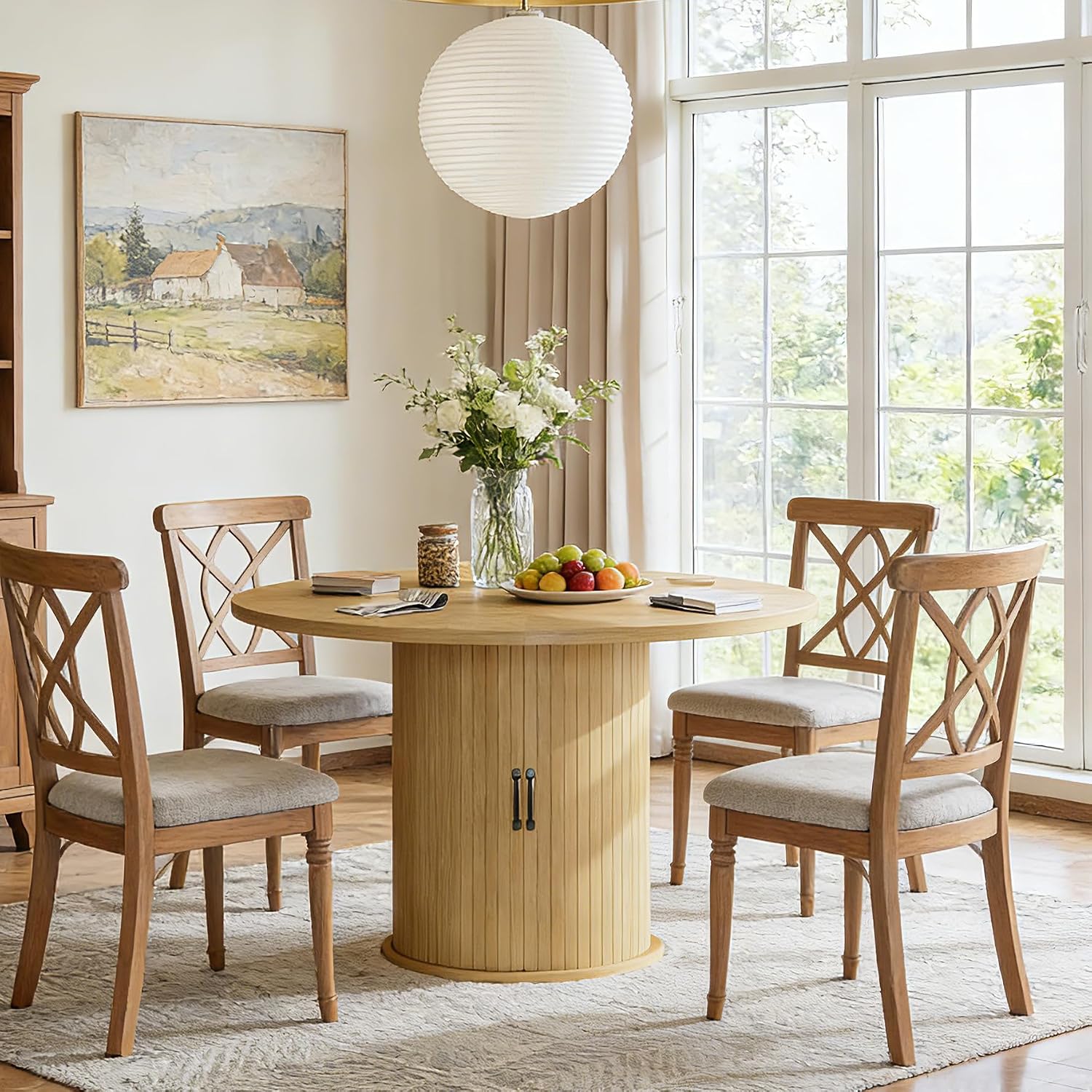 47" Round Dining Table for 4, Modern Fluted Circle Table with 2-Layer Storage and Sliding Door, Farmhouse Dinner Tables for Kitchen, Living Room, Natural