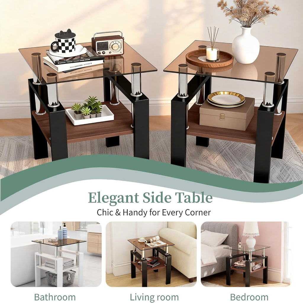 17.72'' Glass Side Table Set of 2, 2 Tier Couch End Table with Tempered Glass Top & Metal Lges, Black End Tables with Brown Top, Small Nightstand Set of 2 for Living Room, Small Space