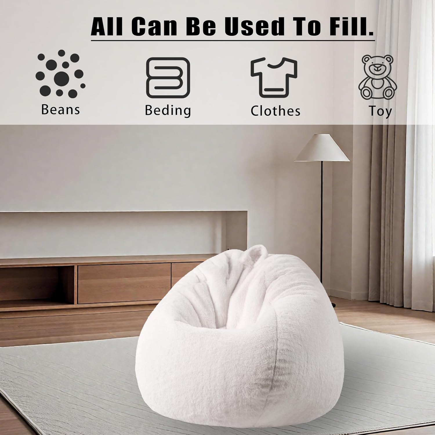 Faux Fur Comfy Bean Bag Chair Cover (No Filler), Fluffy Stuffed Animal Storage Bean Bag Covers Large Sofa for Adults, Premium Furry Fuzzy Bean Bag for Living Room Bedroom, Light Gray