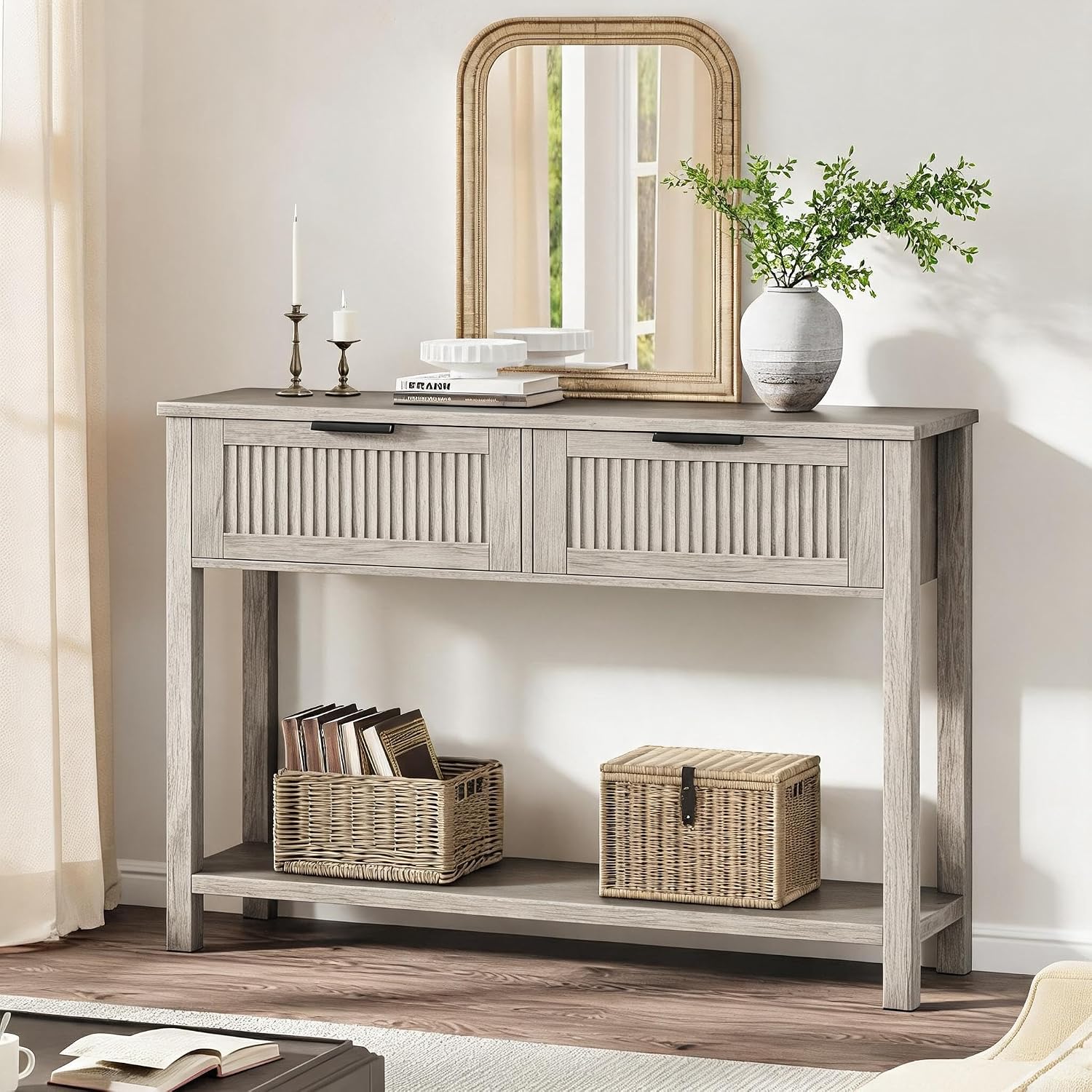 GAOMON Entryway Table with 2 Drawers, Farmhouse 43 Inch Wood Fluted Console Table with Shelf, 2 Tier Sofa Table with Storage for Living Room, Foyer Tables for Entryway - Grey