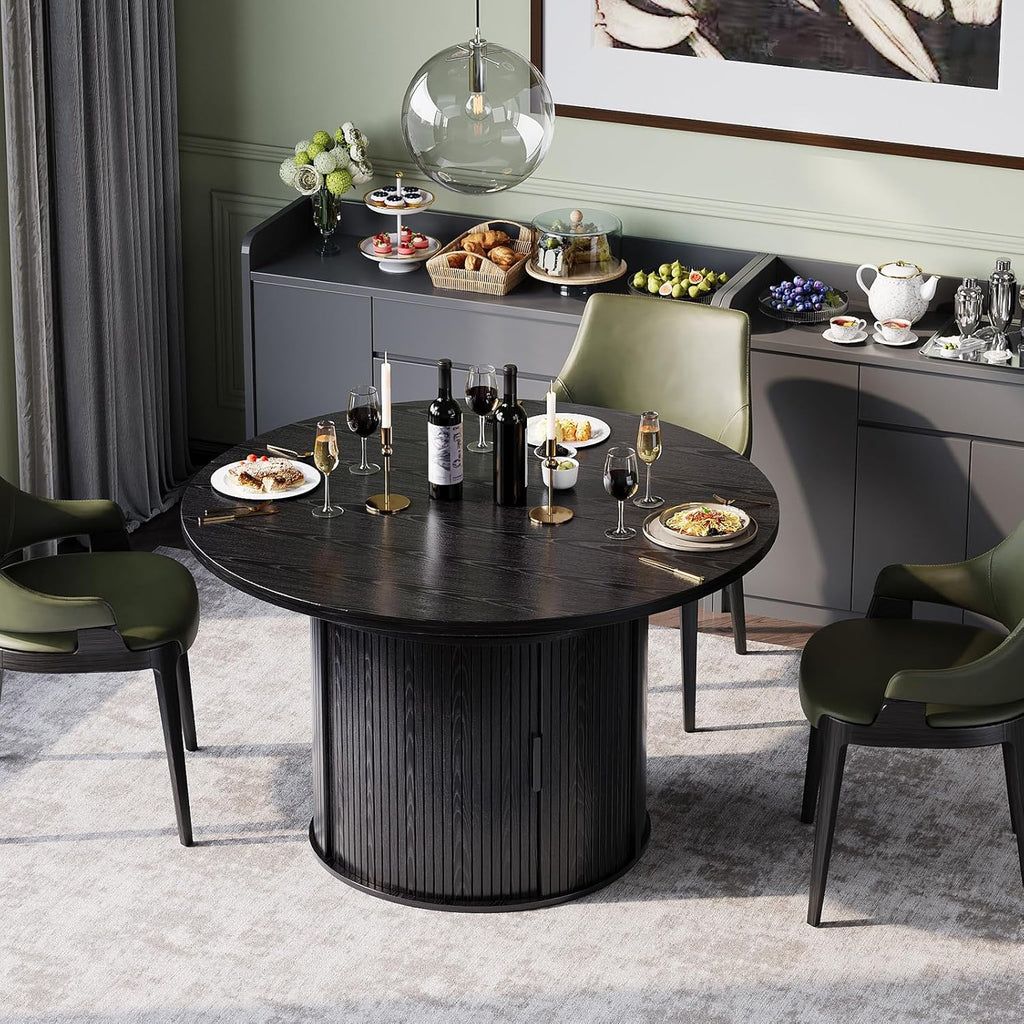 Garvee Extendable Round Dining Table with 2-Tier Storage Shelf & Drawer, 47.5 to 63 Inch Expandable Kitchen Table for 4-8 PM, Modern Farmhouse Fluted Pedestal Oval Circle Dinner Table, Black