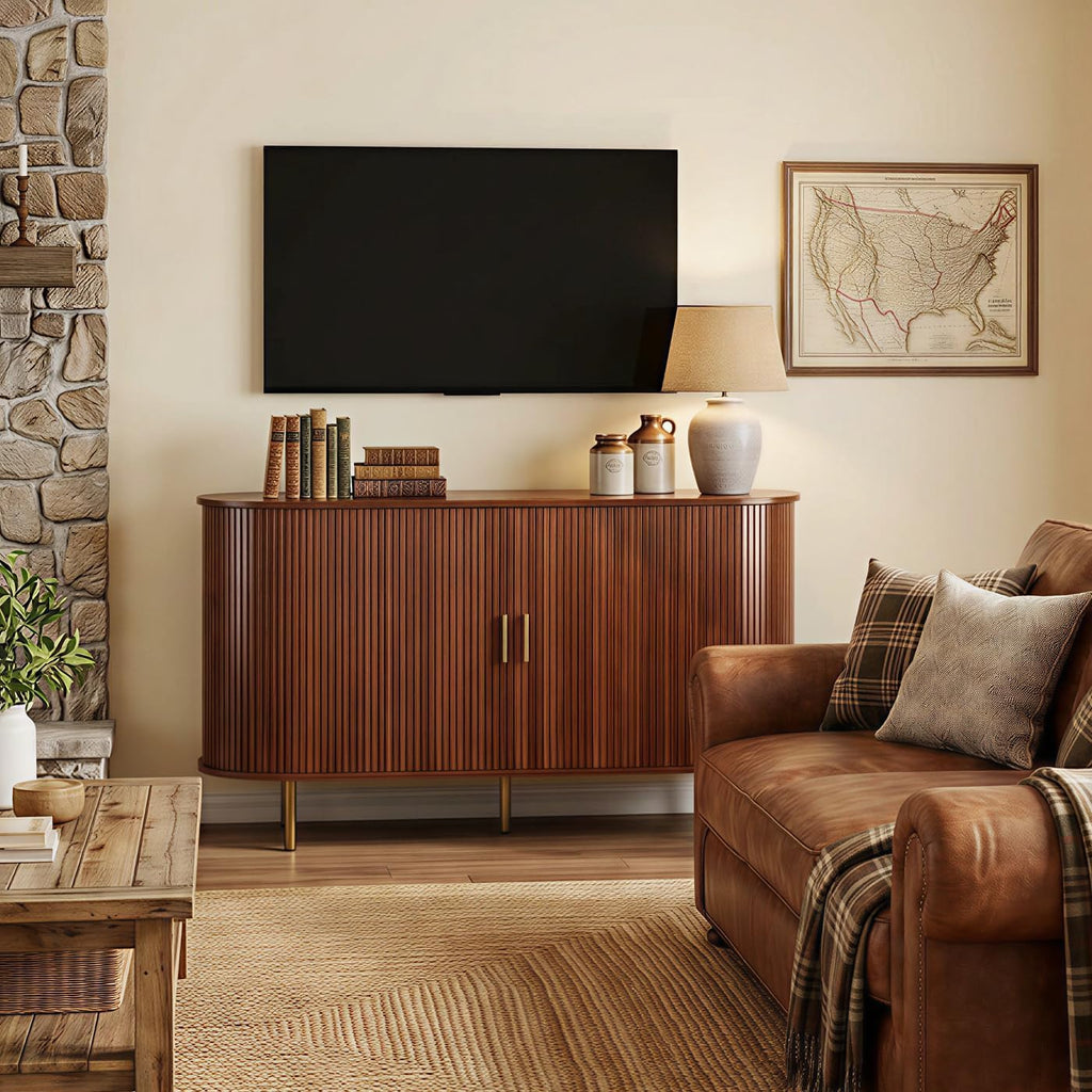 Sideboard Buffet Cabinet with Storage, 55 Inch Mid Century Modern Fluted Credenza with Sliding Door & Adjustable Shelf, Coffee Bar Cabinet for Kitchen, Living Room, Entryway