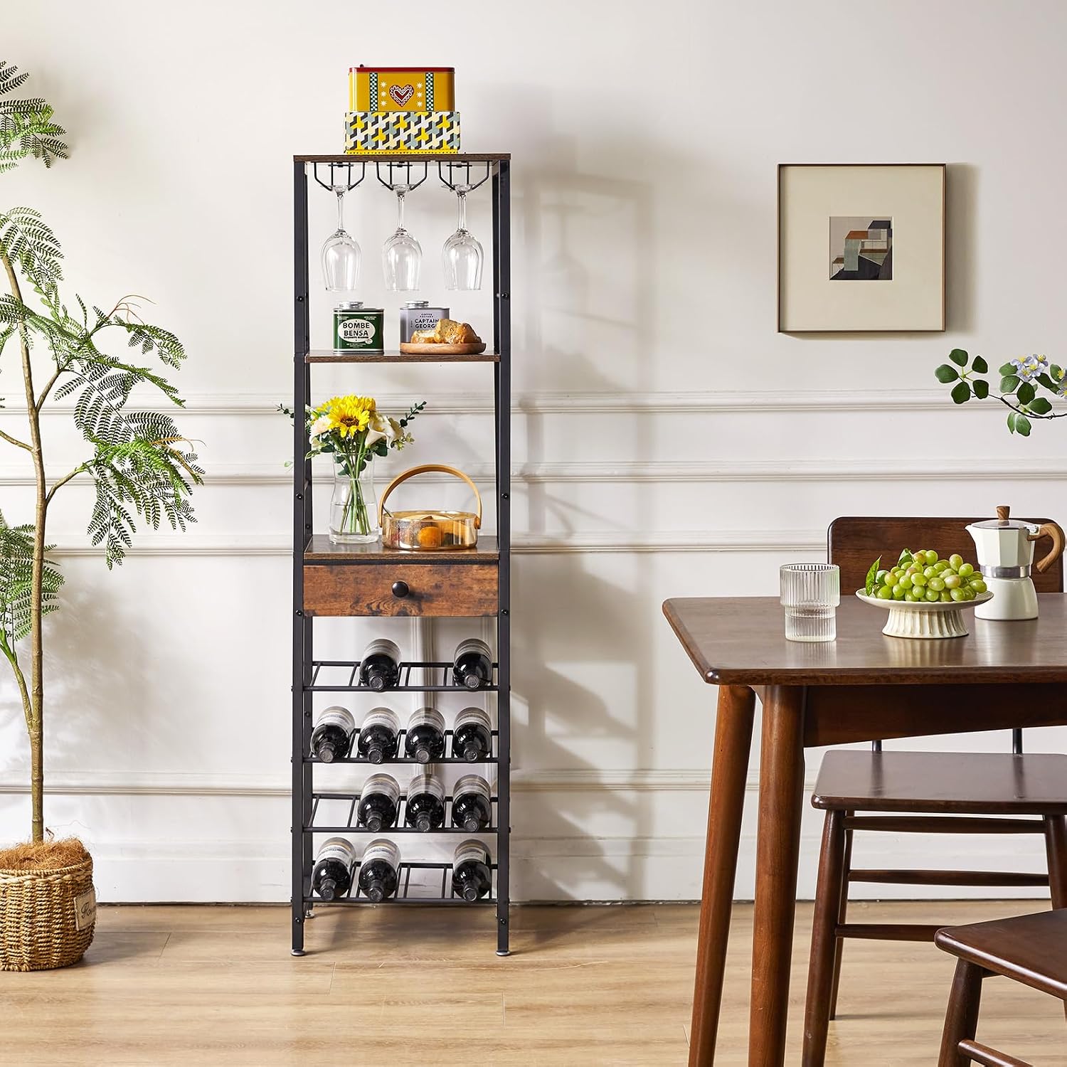 IBUYKE Wine Rack Freestanding Floor with Glass Holder,Brown TMJ905H | Bar Cabinet for Liquor and Glasses 4-Tier Coffee Bar Cabinet Glass Holder and Storage Drawer for Home Kitchen Living Room
