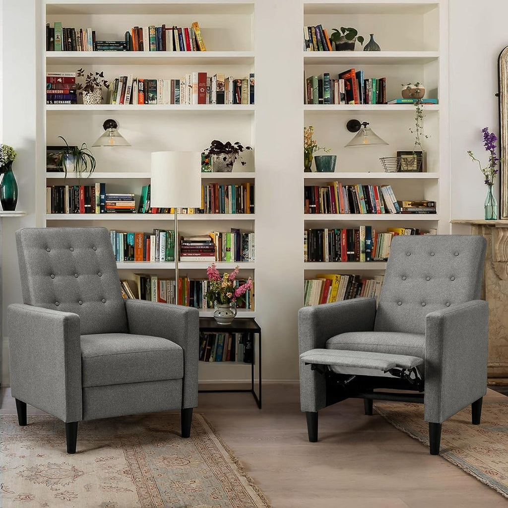 Yaheetech Fabric Recliner Chair with Adjustable Back & Footrest, Mid-Century Modern Accent Armchair Reading Chair, Tufted Upholstered Sofa with Pocket Spring for Living Room Bedroom Gray