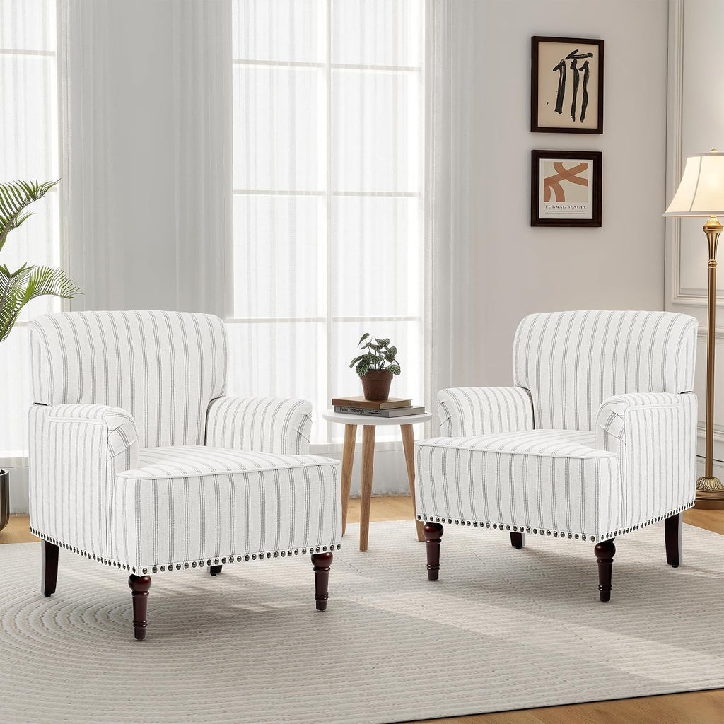 Mid-Century Modern Accent Chair, Pinstripe Grey, Set of 2 | Comfy Reading Armchair with Wood Legs for Living Room, Linen Fabric Single Sofa Lounge for Bedroom Apartment Waiting Room
