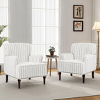 Mid-Century Modern Accent Chair, Pinstripe Grey, Set of 2 | Comfy Reading Armchair with Wood Legs for Living Room, Linen Fabric Single Sofa Lounge for Bedroom Apartment Waiting Room