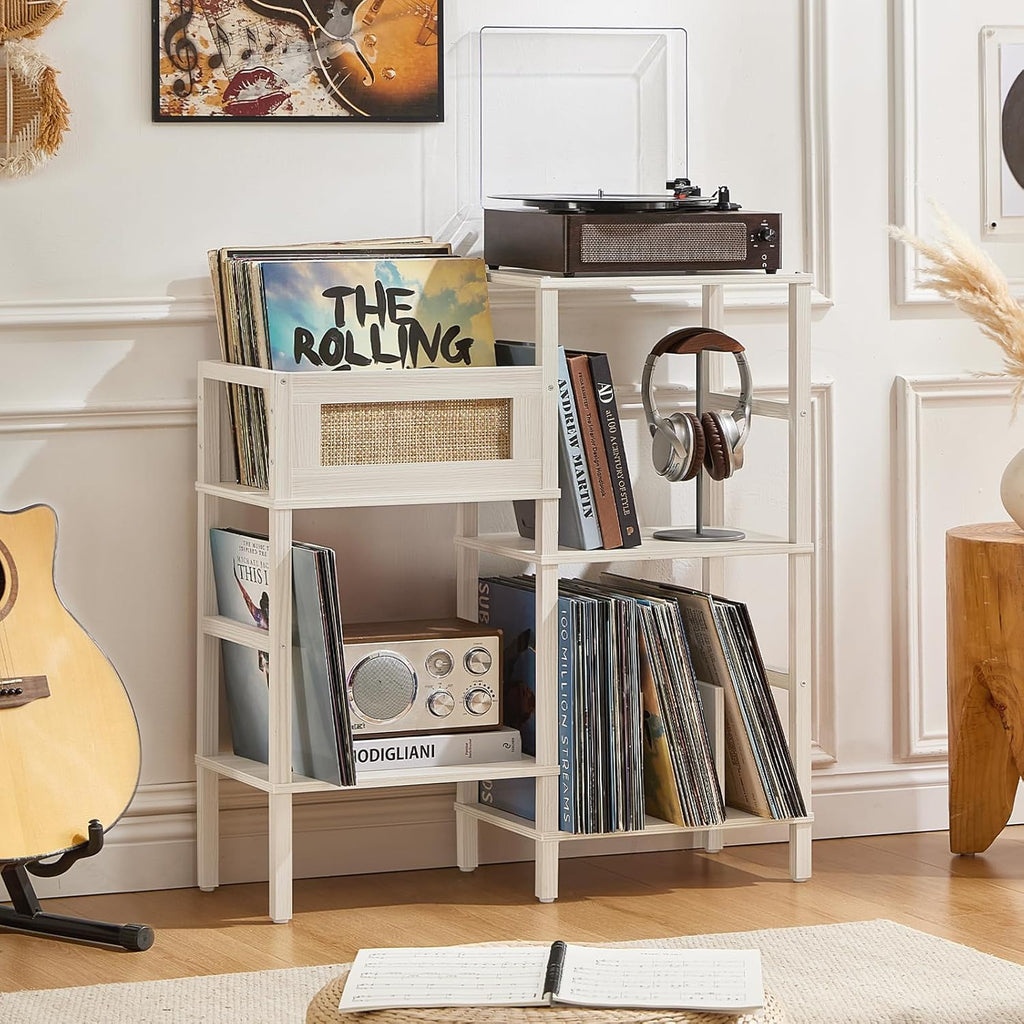 LELELINKY Record Player Stand, White Cream Oak Wood Record Holder with Vinyl Storage Holds up to 300+ Albums, 3-Tier Rattan Media Table with Vinyl Display Shelf, Record Storage Cabinet for Living Room