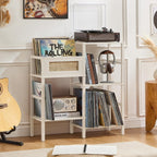 LELELINKY Record Player Stand, White Cream Oak Wood Record Holder with Vinyl Storage Holds up to 300+ Albums, 3-Tier Rattan Media Table with Vinyl Display Shelf, Record Storage Cabinet for Living Room