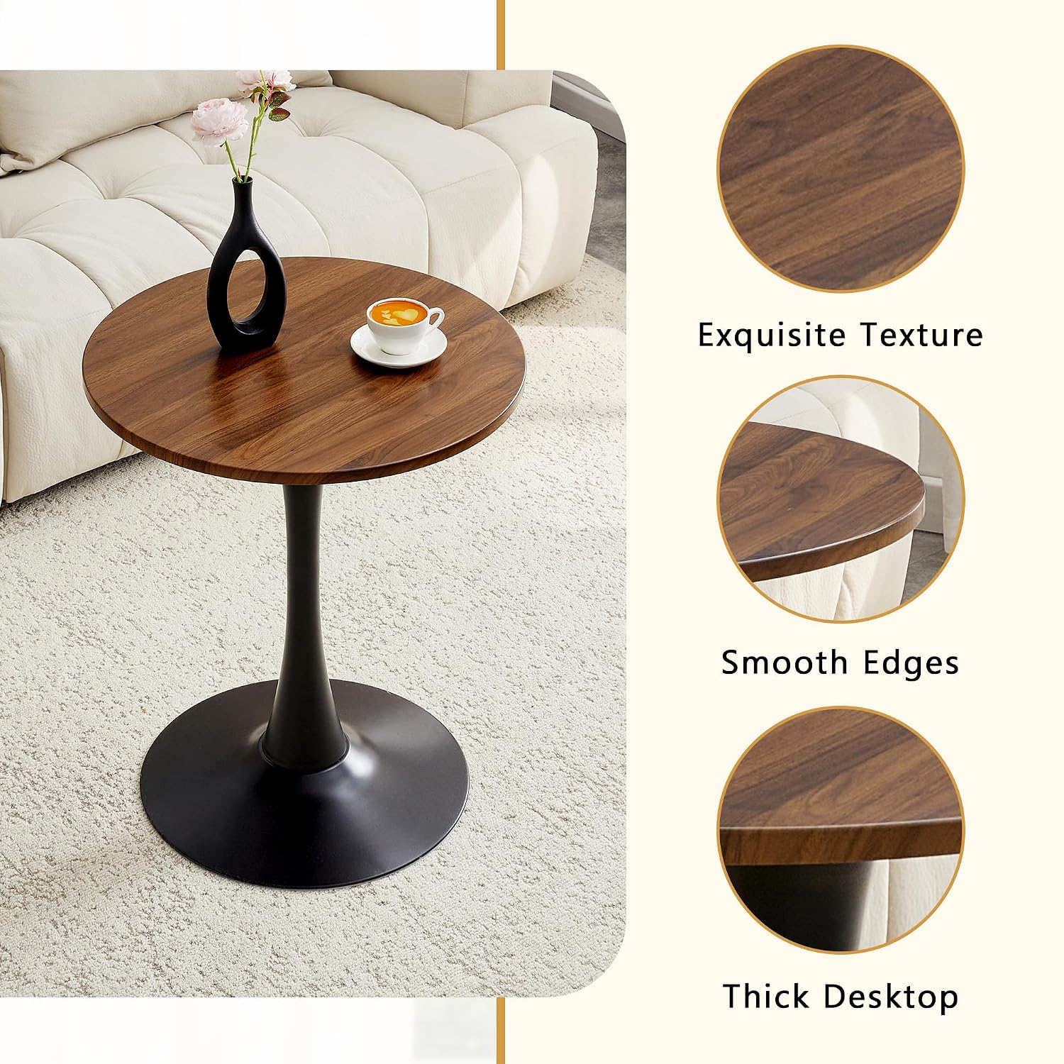 Walnut Round Dining Table for Small Space,24" Tulip Tables with Metal Pedestal Base,Bistro Table for 2 People for Office,Apartment,Kitchen,Break Room