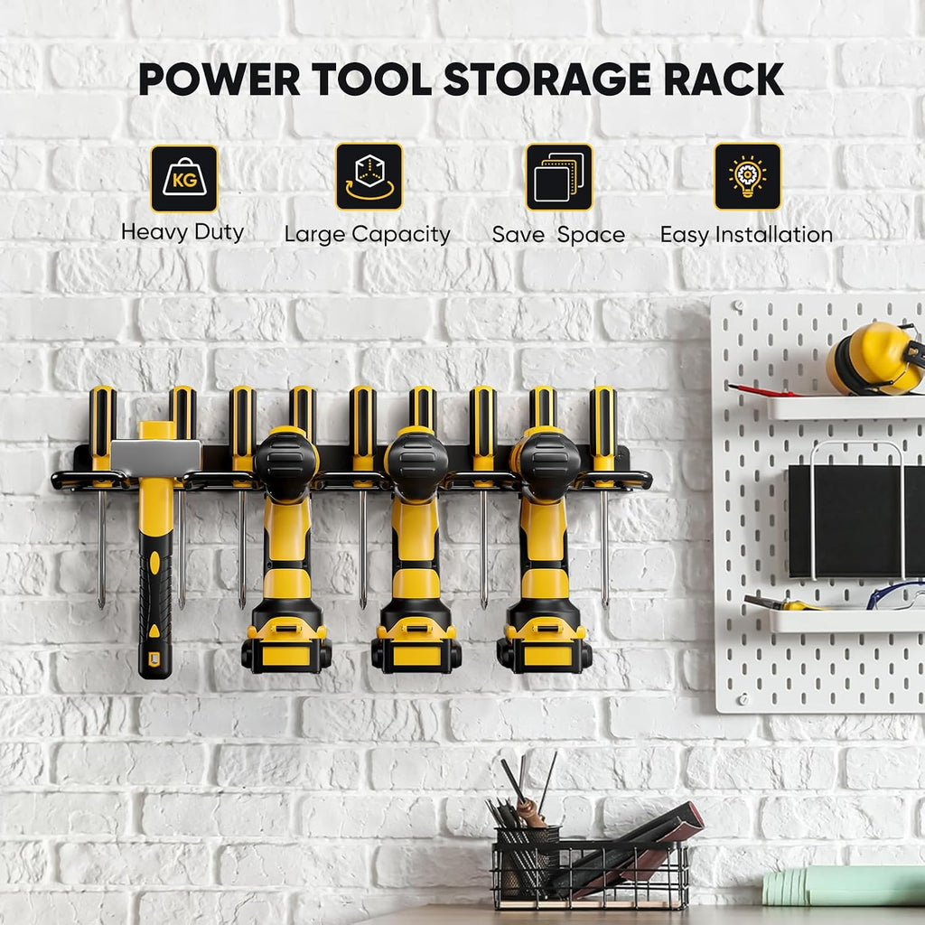POKIPO Power Tool Organizer, Drill Holder Wall Mount, Heavy Duty Garage Tool Organizer and Storage, Suitable Tool Rack for Tool Room, Workshop, Garage (Black-1 Tirer) (Pack of 2)