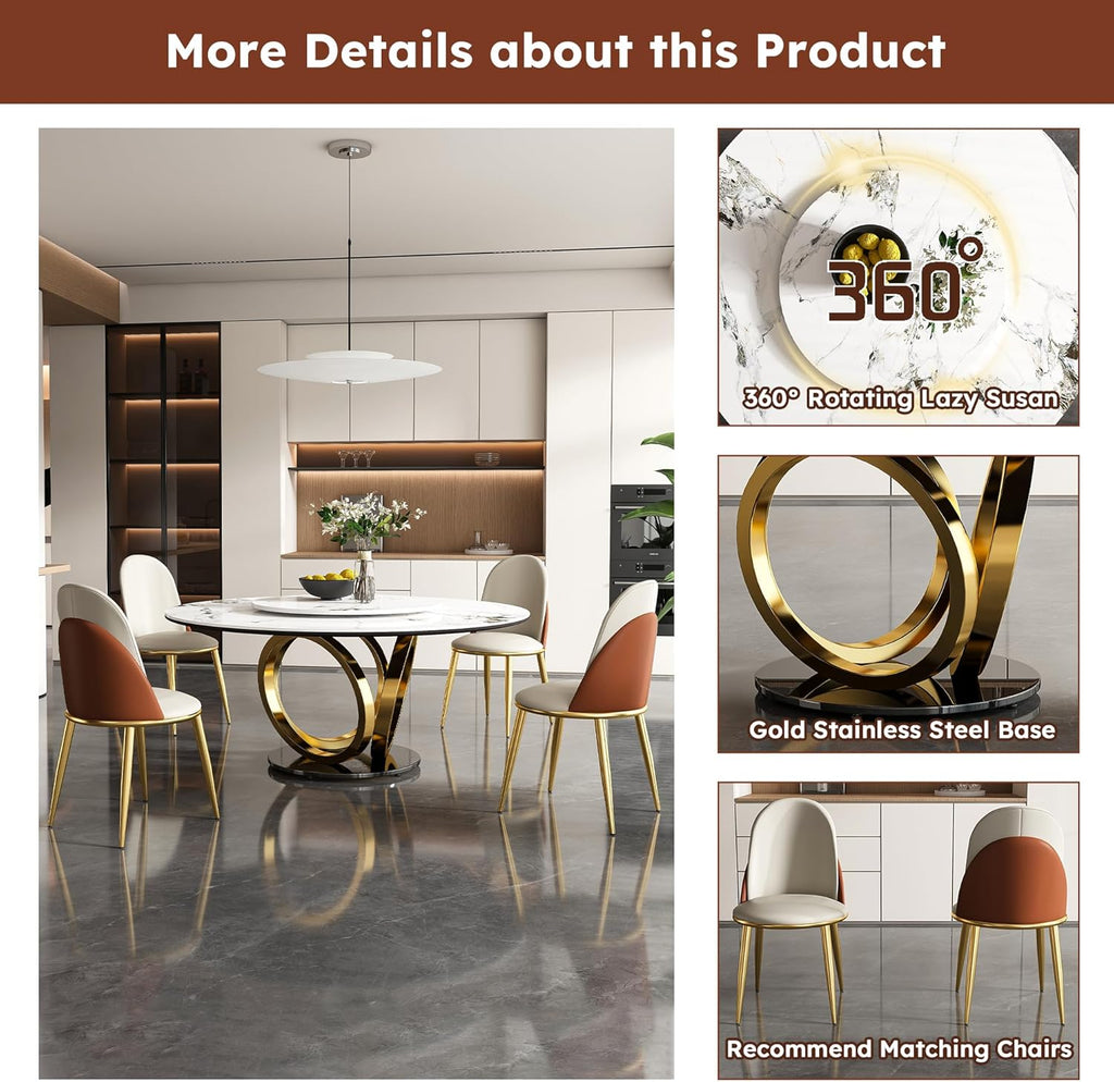 9-Pcs Round Dining Table Set with 31.5" Removable Lazy Susan, Modern Marble Dining Room Table Set of 8, Luxury 59" D Sintered Stone Dining Table with 8 Chairs and Stainless Steel Base for Home Kitchen