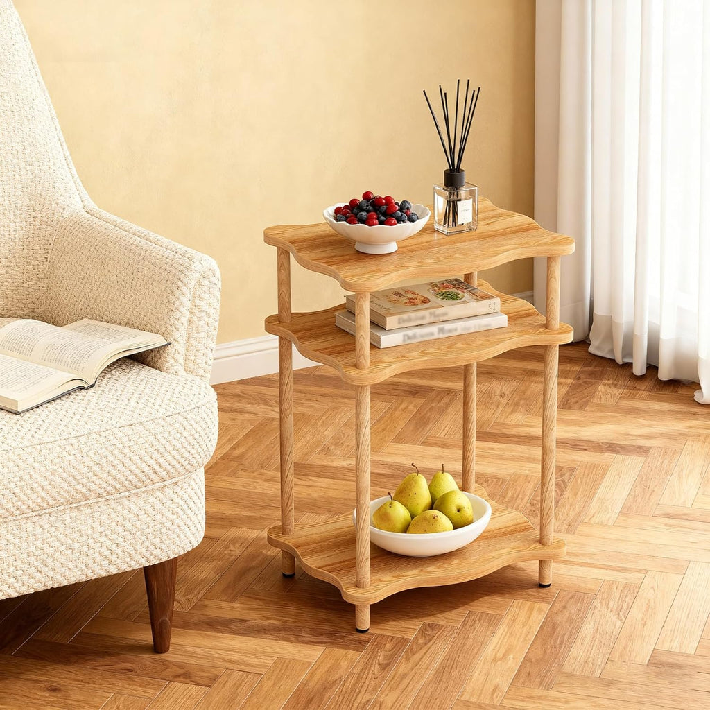 THUMEYE 3-Tier Side Table, 15.7”x11.8”x23” Space-Saving End Table with Solid Wood Legs, Tool-Free Assembly Nightstand for Bedroom Living Room, Burlywood