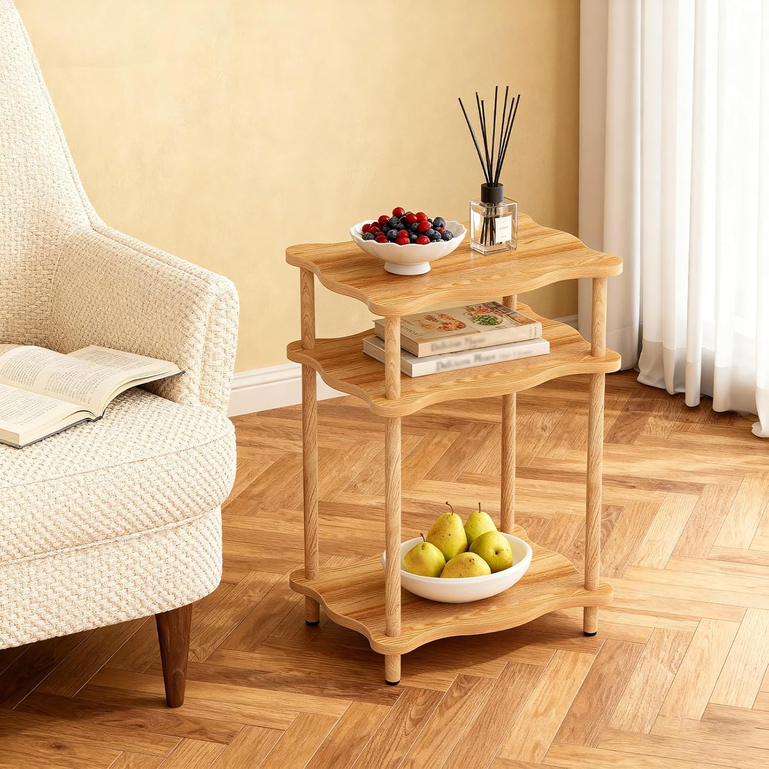 THUMEYE 3-Tier Side Table, 15.7”x11.8”x23” Space-Saving End Table with Solid Wood Legs, Tool-Free Assembly Nightstand for Bedroom Living Room, Burlywood