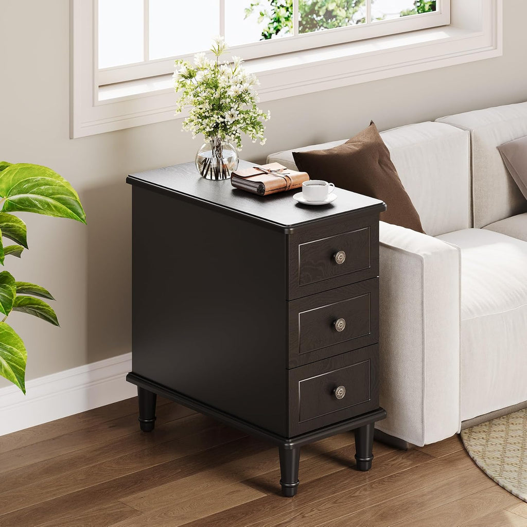 LITTLE TREE Fully Assembled End Table, Set of 2, Narrow Bedside Table with 3 Drawers, Vintage Nightstand for Small Spaces, Living Room, Bedroom, Black