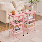 VECELO End Table, 24" Tall Living Room Side Tables, X-Design Reinforced Bedside Table, Nightstands with 3-Tier Storage Shelves for Small Spaces, Office, Bathroom, Bedroom, Pink, 1 Pack