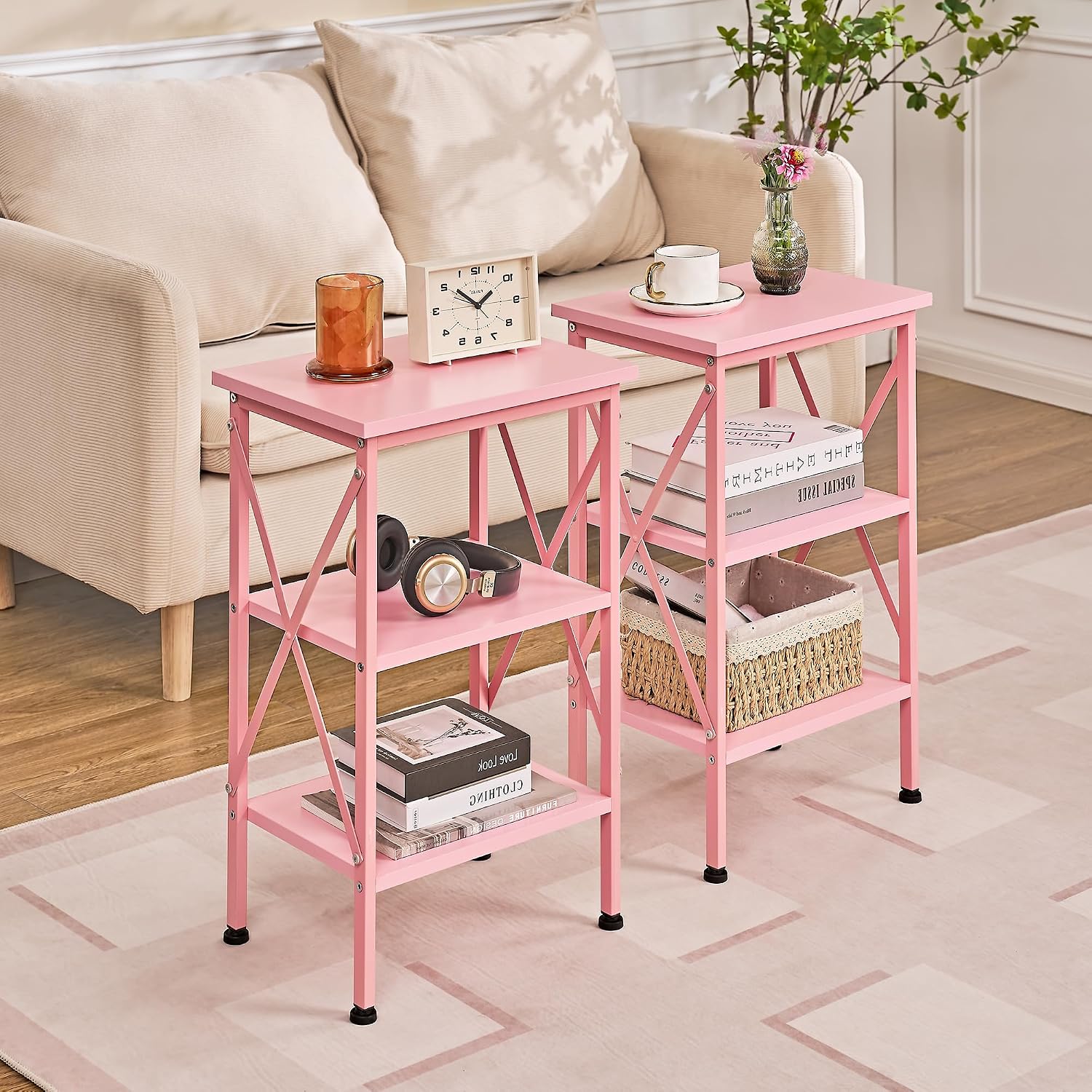 VECELO End Table, 24" Tall Living Room Side Tables, X-Design Reinforced Bedside Table, Nightstands with 3-Tier Storage Shelves for Small Spaces, Office, Bathroom, Bedroom, Pink, 1 Pack