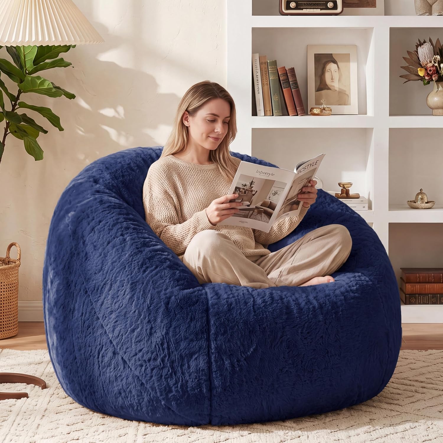 Big Bean Bag Chairs for Adults, Comfy Faux Fur Giant Bean Bag Chair | Fluffy Bean Bags with Back Support & Foam Filled, Reading Beanbag Chair for Living Room Bedroom, Apartment, Dark Blue