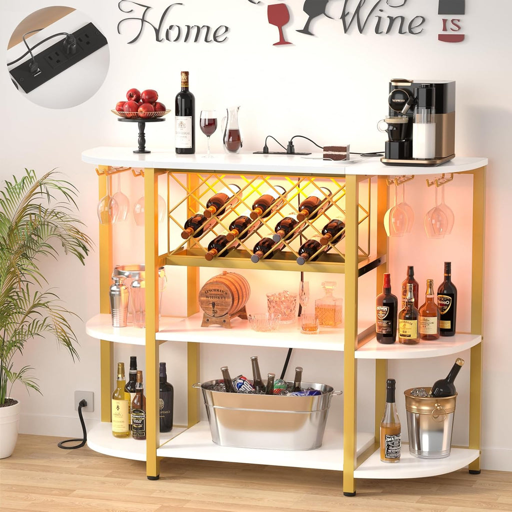 Unikito 4-Tier Coffee Bar Cabinet with Outlet, LED Light & Glass Holder | Metal Frame, Wine Storage, Bakers Rack, Floor Bar Table for Kitchen Dining Room, White and Gold