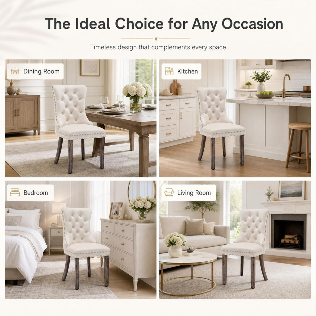 Velvet Dining Chairs Set of 4, Upholstered Dining Room Chairs with Ring Pull Trim and Button Back, Luxury Tufted Dining Chair for Living Room, Bedroom, Kitchen (Beige)