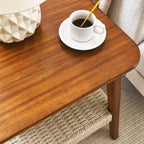 Geelife 23" Mid-Century Side Table with Woven Shelf, Boho Side Table with Storage