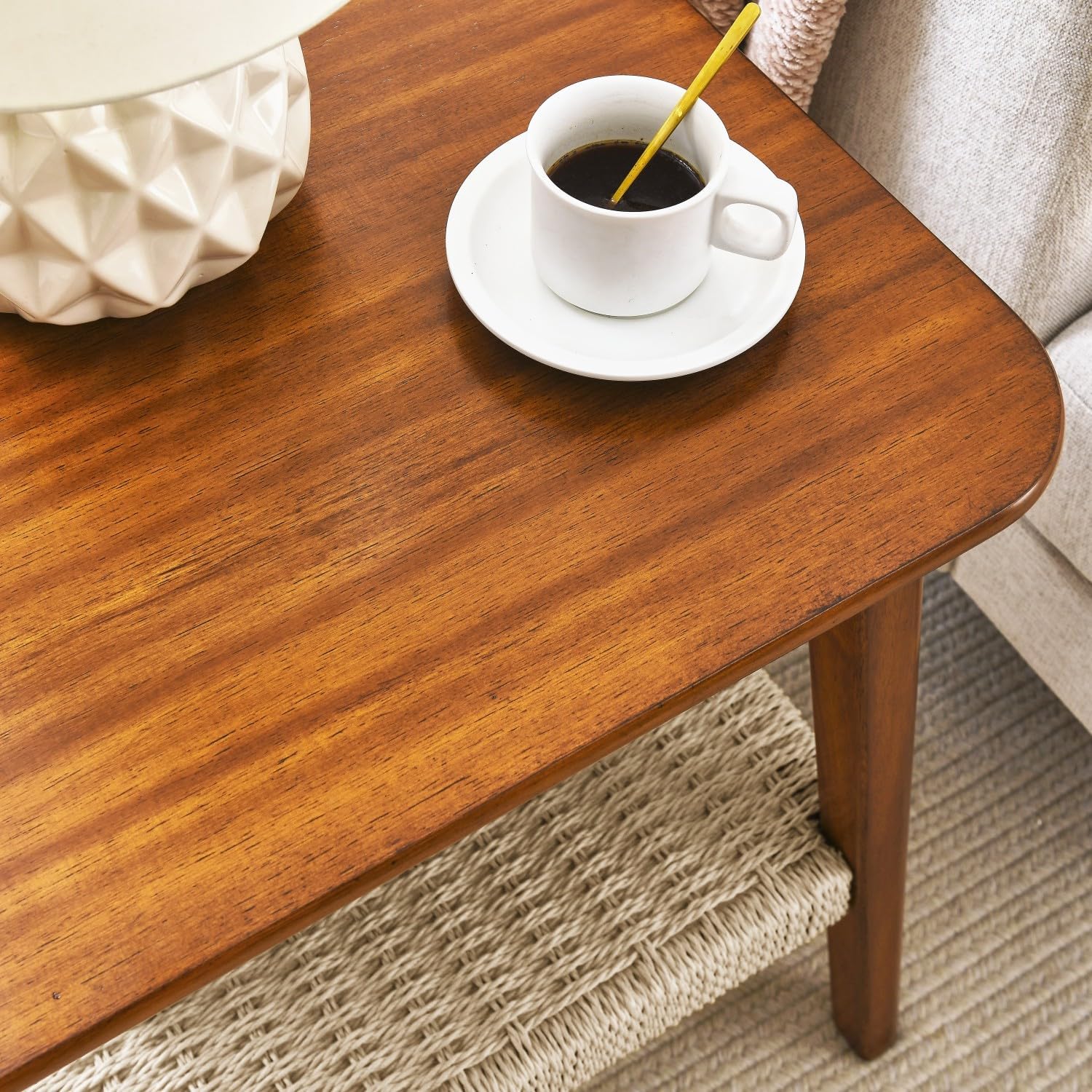 Geelife 23" Mid-Century Side Table with Woven Shelf, Boho Side Table with Storage