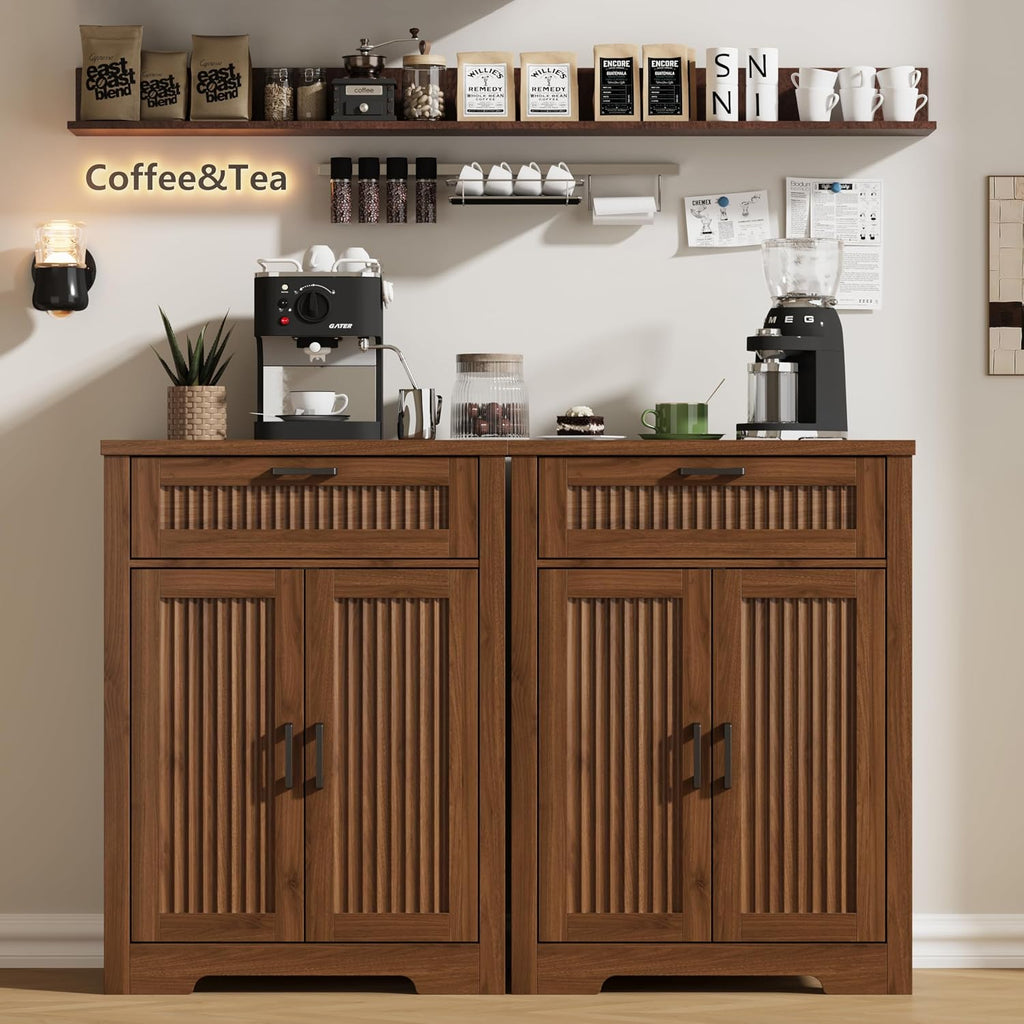 Buffet Cabinet with Storage Drawer, Farmhouse Coffee Bar Table with Storage Drawer and Adjustable Shelf, Small Fluted Sideboard Cabinet for Kitchen, Dining Room, Living Room, Entryway, Modern Walnut