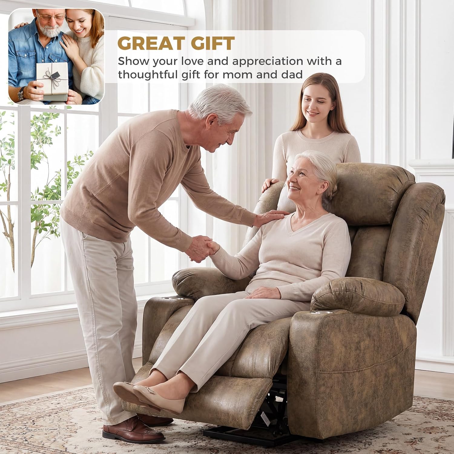 Oversized Power Lift Recliner Chair for Elderly, Big and Tall with Massage and Heating, Breathable Faux Leather with Metal Cup Holders, USB A&C Ports, Light Brown