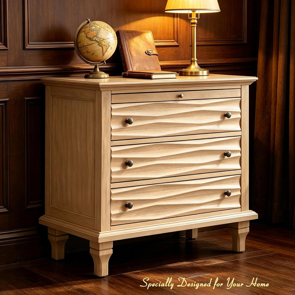 Traditional Wave Textured Nightstand, 3 Drawers Farmhouse Bedside Table with Solid Wood Legs, Rustic Storage End Table for Bedroom Living Room, Natural