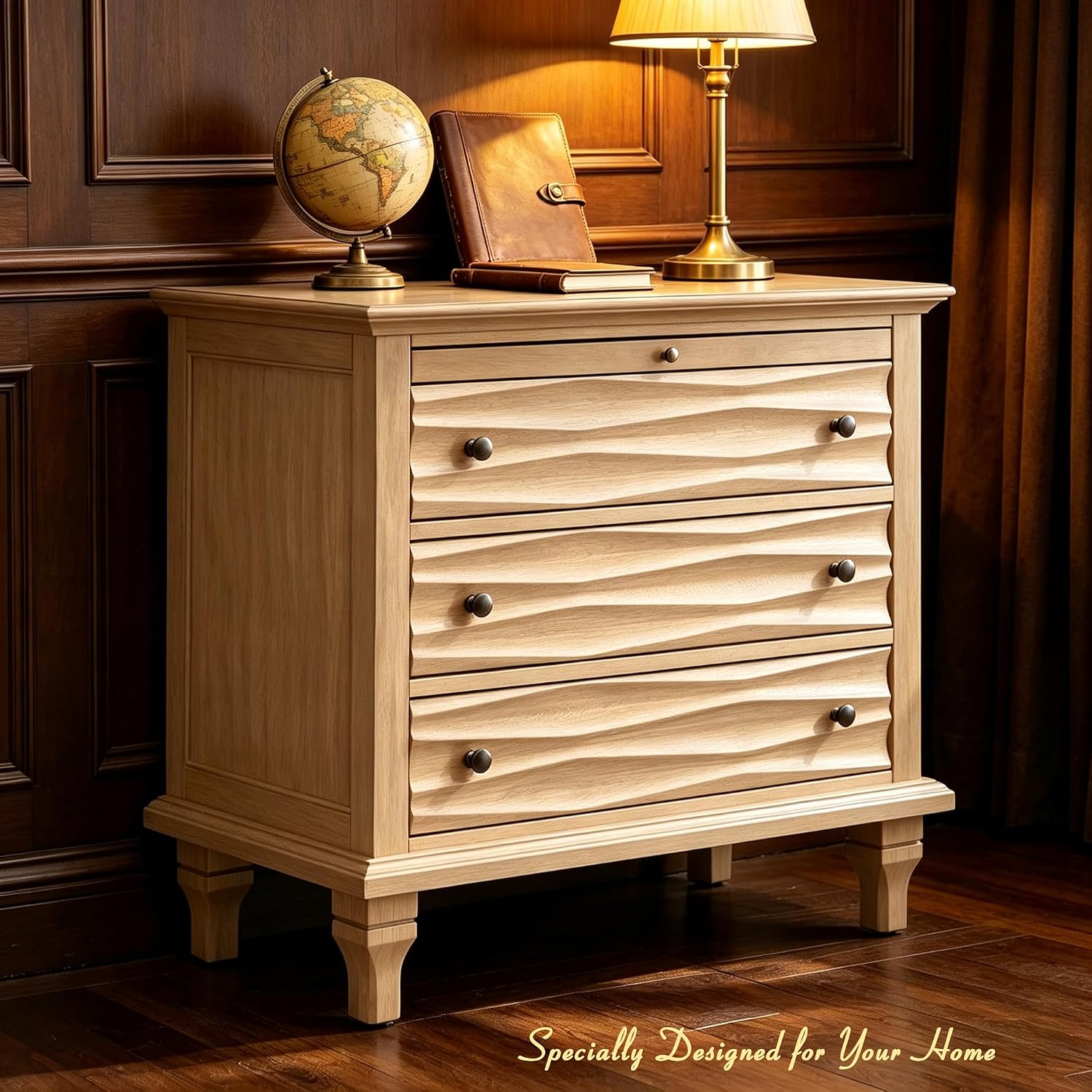 Traditional Wave Textured Nightstand, 3 Drawers Farmhouse Bedside Table with Solid Wood Legs, Rustic Storage End Table for Bedroom Living Room, Natural