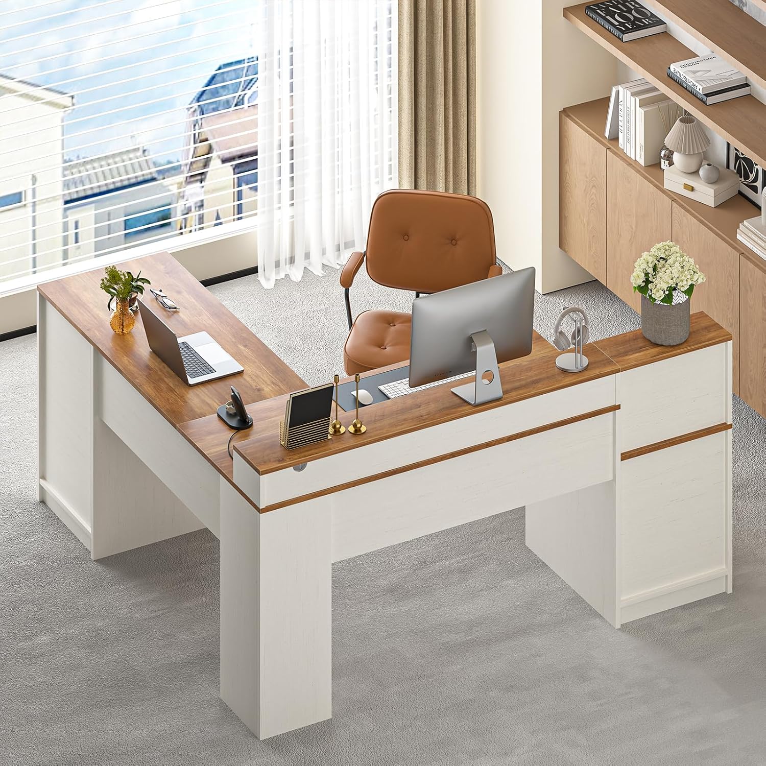 YOMILUVE 63" Farmhouse L Shaped Executive Desk with Drawers & Storage Shelf, Corner Computer Desk with Power Outlets, L Shaped Office Desk with Monitor Stand, Printer Shelf, Antique White