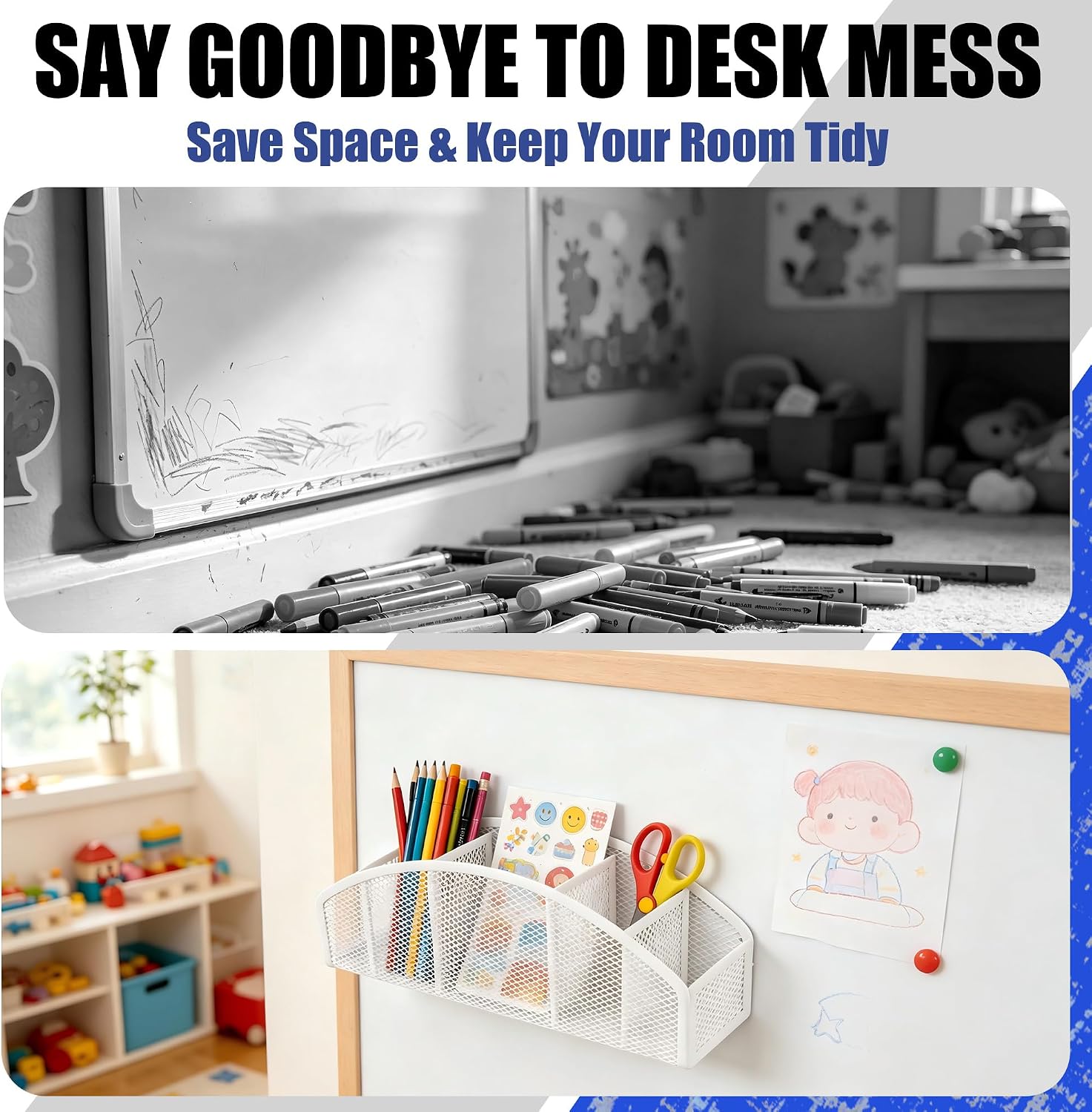 Magnetic Dry Erase Marker Holder for Whiteboard, 10 inch Large Capacity Whiteboard Marker and Spray Holder, 5 Slots Magnetic Fridge Organizer for Office, Classroom, Home (White)