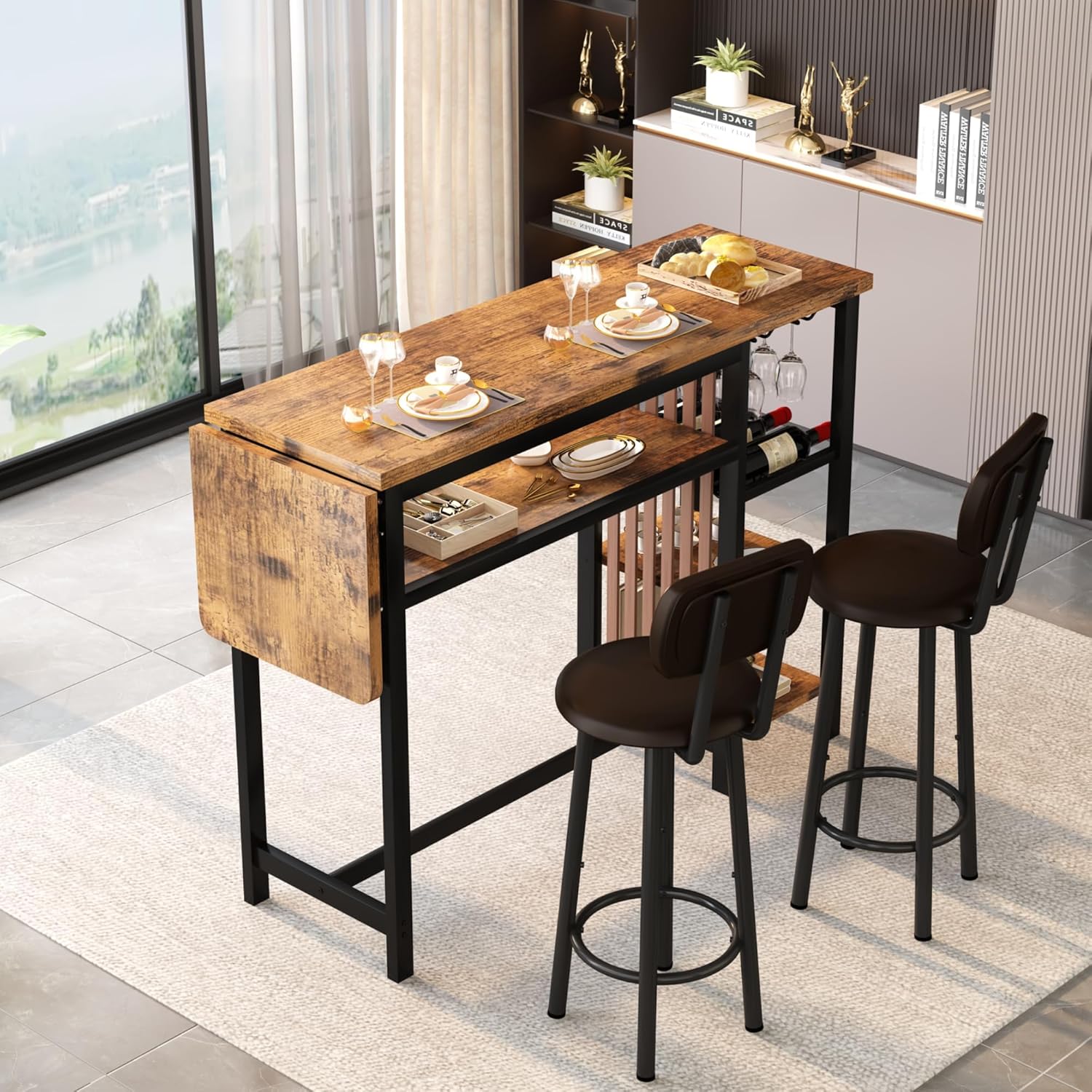 Recaceik Bar Dining Table Set, 59" Expandable Kitchen Counter Height Dining Table Set with Storage Shelves, Cup Holder & Wine Rack, PU Upholstered Stools Bar Table Set with Backrest for Kitchen