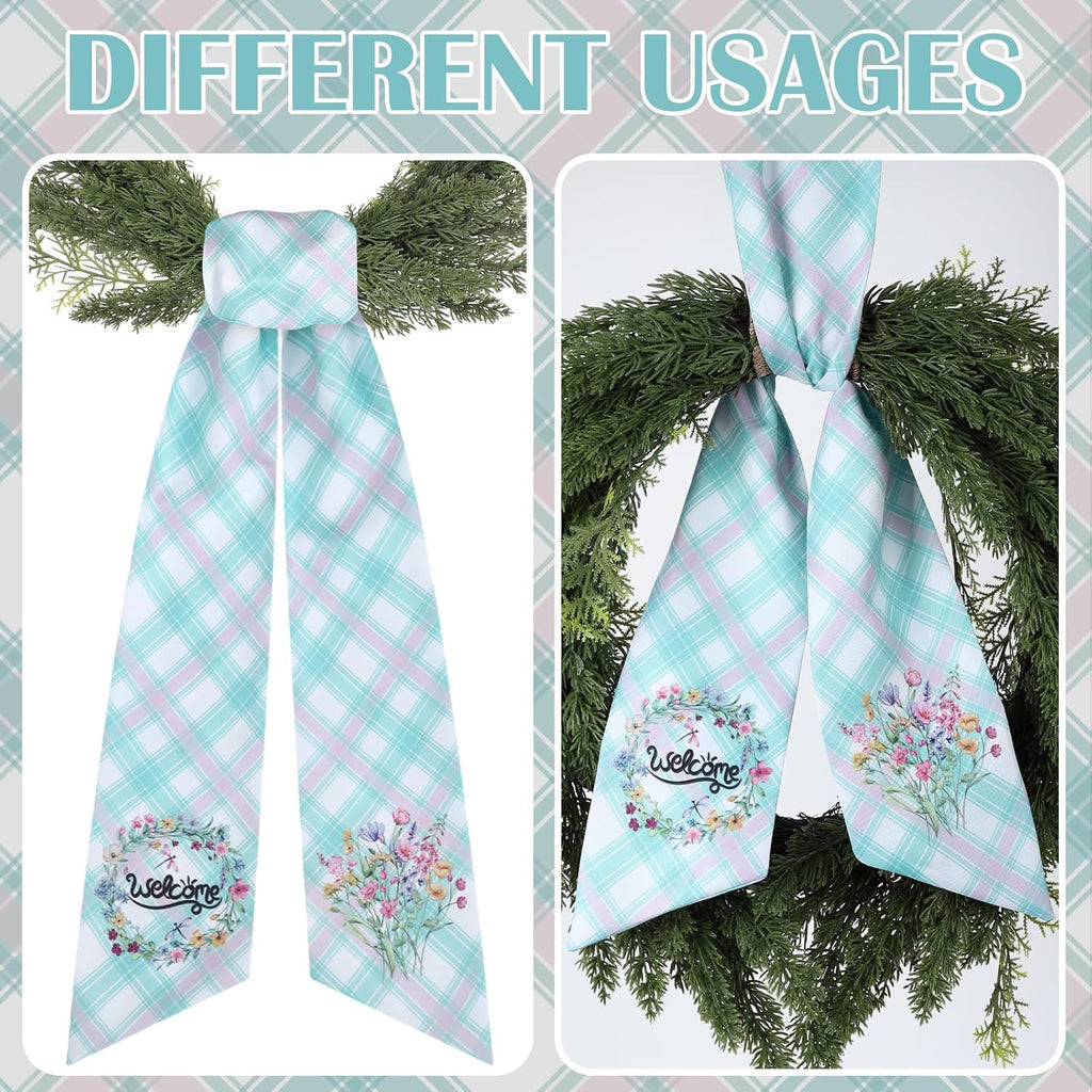 Spring Wreath Sash for Front Door - 2 Pcs Plaid Welcom Wreath Sashes with Flowers for Farmhouse Home Decor, 60 Inch Rustic Green Pink Wreaths Sash for Doorway Yard Indoor Outdoor