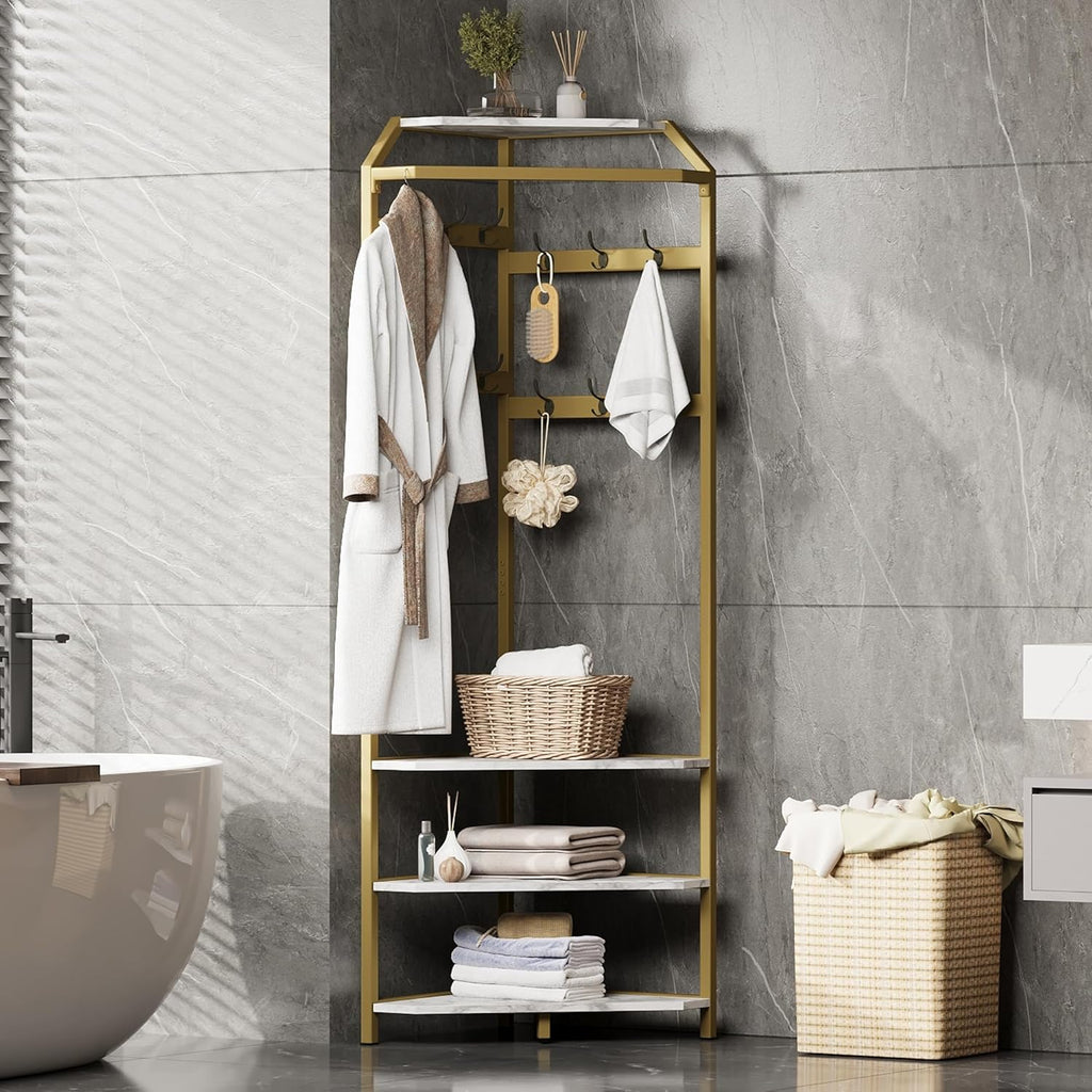 Corner Coat Rack Freestanding, 50x50x180cm Gold Metal Hall Tree with Storage Shelves & Hooks, Space-Saving 90° Corner Garment Rack for Entryway, Bedroom, Hallway, Office