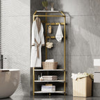 Corner Coat Rack Freestanding, 50x50x180cm Gold Metal Hall Tree with Storage Shelves & Hooks, Space-Saving 90° Corner Garment Rack for Entryway, Bedroom, Hallway, Office