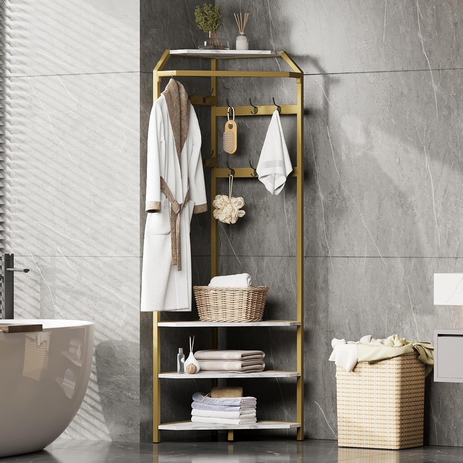 Corner Coat Rack Freestanding, 50x50x180cm Gold Metal Hall Tree with Storage Shelves & Hooks, Space-Saving 90° Corner Garment Rack for Entryway, Bedroom, Hallway, Office