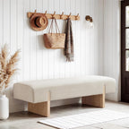 55’’ Upholstered End of Bed Bench, Linen Entryway Bench with Solid Wood Legs, Farmhouse Wooden Dining Room Bench for Bedroom, Living Room, Beige