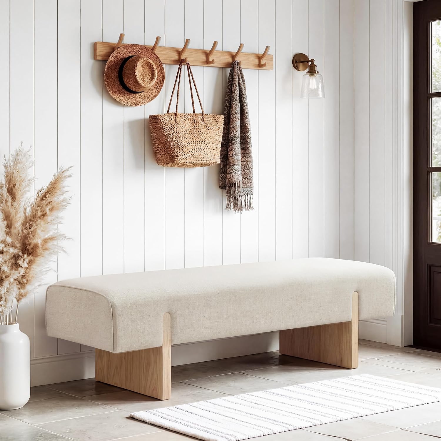 55’’ Upholstered End of Bed Bench, Linen Entryway Bench with Solid Wood Legs, Farmhouse Wooden Dining Room Bench for Bedroom, Living Room, Beige