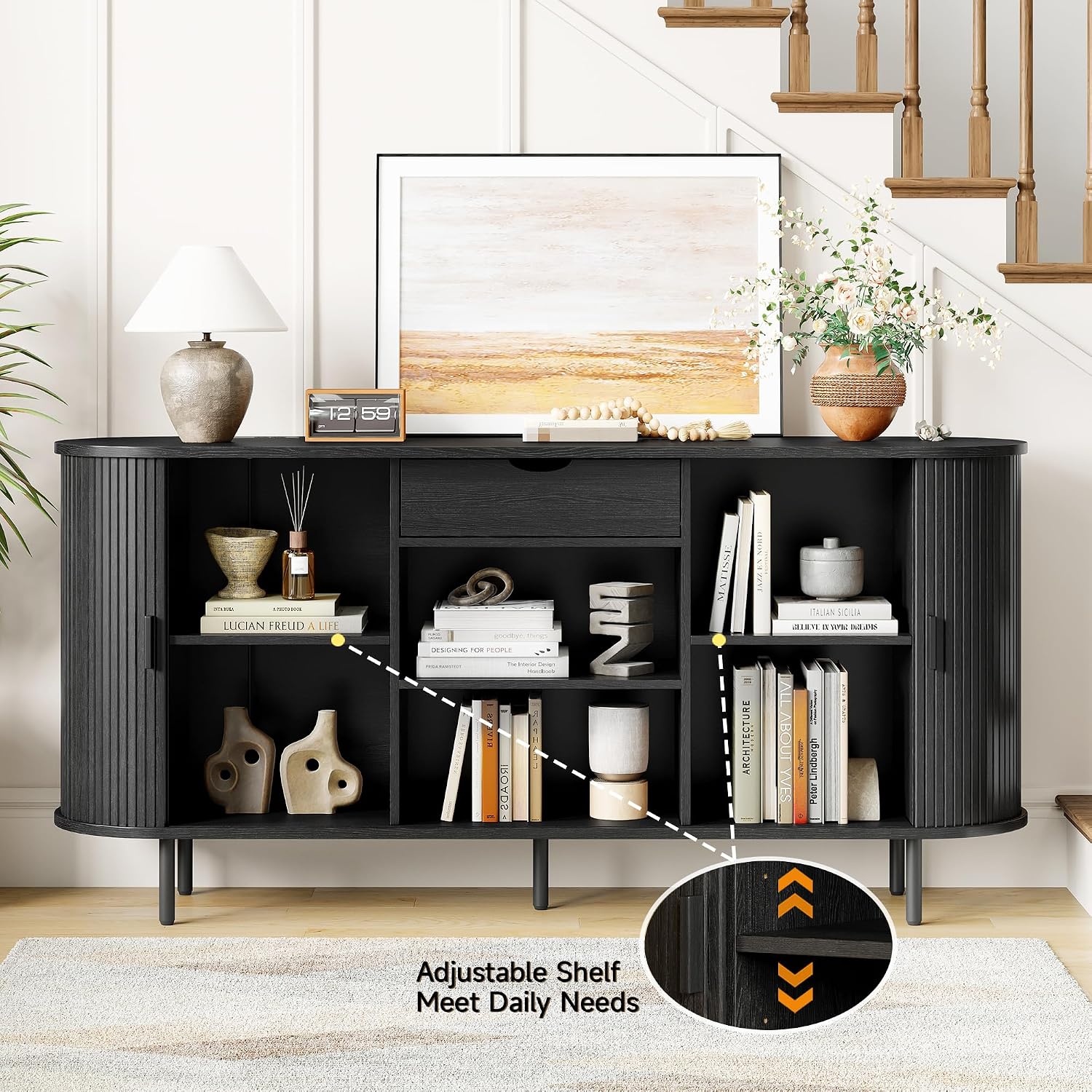 ONBRILL 63'' Fluted Sideboard Buffet Cabinet with Storage, Large Credenza Storage Cabinet with Drawers, Mid Century Modern Buffet Table Accent Console Cabinet for Kitchen Living Room Enrtyway, Black