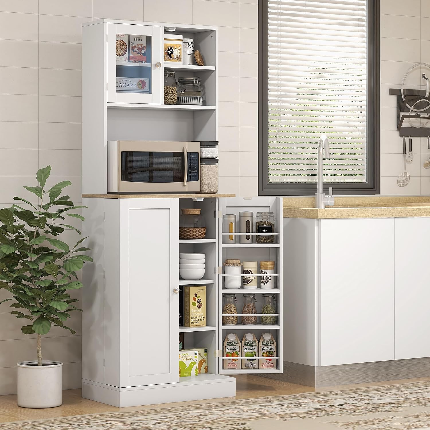66.5" Kitchen Pantry Cabinet - Microwave Stand & Storage, 8 Shelves, White